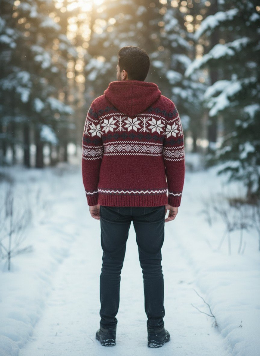 Heavy Knit Hoodie Sweater – Warm Nordic Pattern Winter Sweater in comfy style by Himalayankraft- Red 1 Heavy Knit Hoodie Sweater – Warm Nordic Pattern Winter Sweater in comfy style by Himalayankraft- Red 3