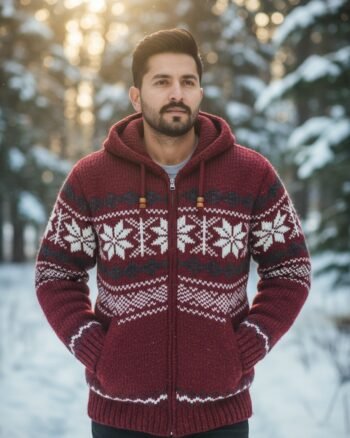 Heavy Knit Hoodie Sweater – Warm Nordic Pattern Winter Sweater in comfy style by Himalayankraft- Red 3