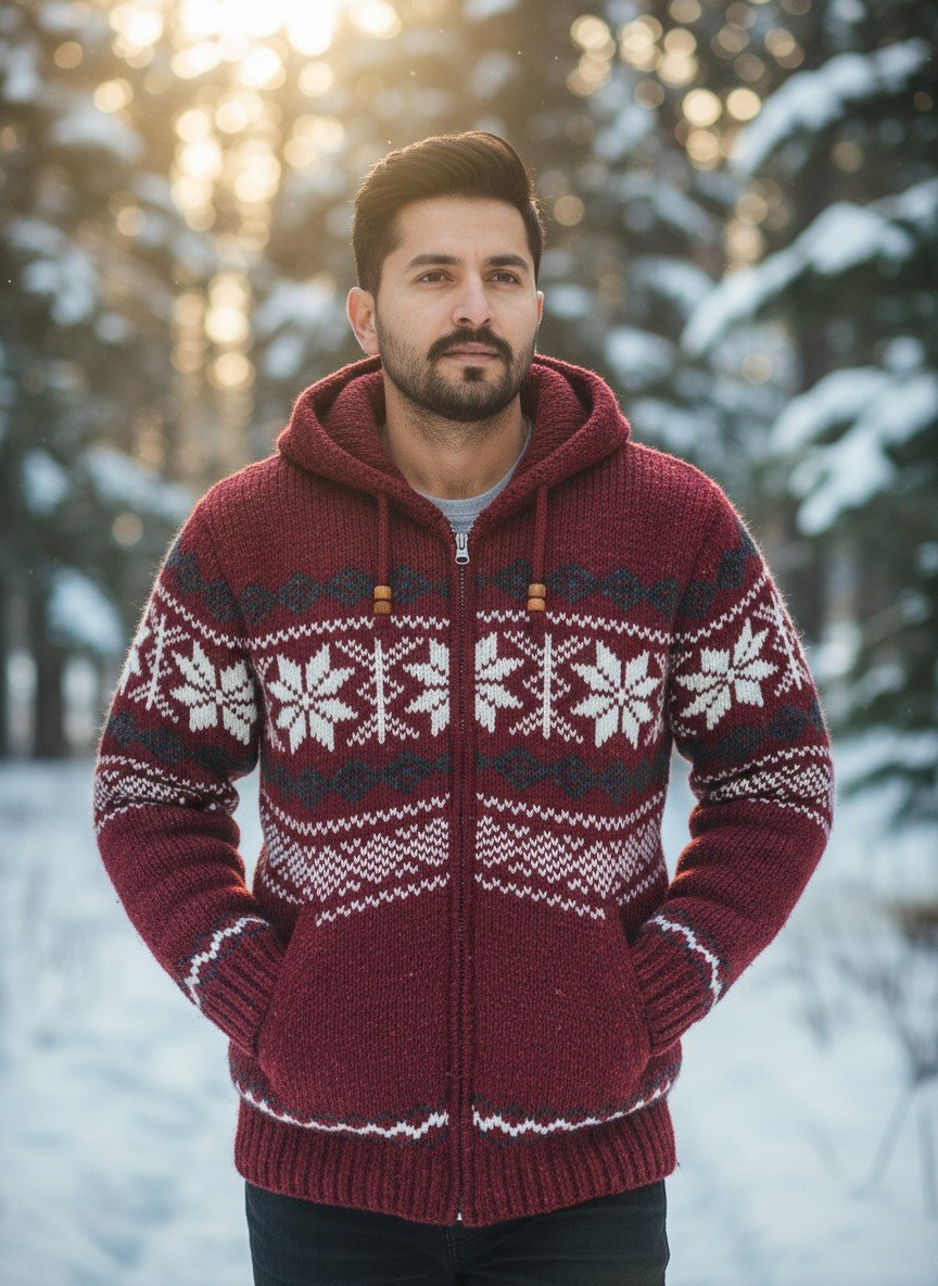 Heavy Knit Hoodie Sweater – Warm Nordic Pattern Winter Sweater in comfy style by Himalayankraft- Red 3 Heavy Knit Hoodie Sweater – Warm Nordic Pattern Winter Sweater in comfy style by Himalayankraft- Red 3