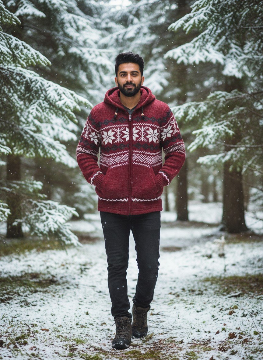 Heavy Knit Hoodie Sweater – Warm Nordic Pattern Winter Sweater in comfy style by Himalayankraft- Red 4 Heavy Knit Hoodie Sweater – Warm Nordic Pattern Winter Sweater in comfy style by Himalayankraft- Red 3