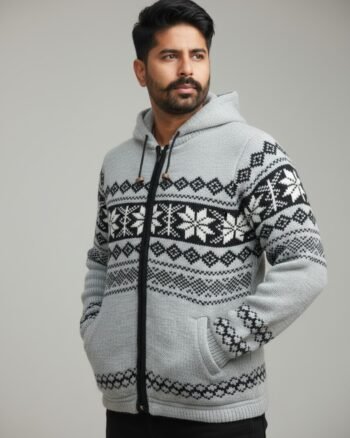 Heavy Knit Hoodie Sweater – Warm Nordic Pattern Winter Sweater in comfy style by Himalayankraft- White 2
