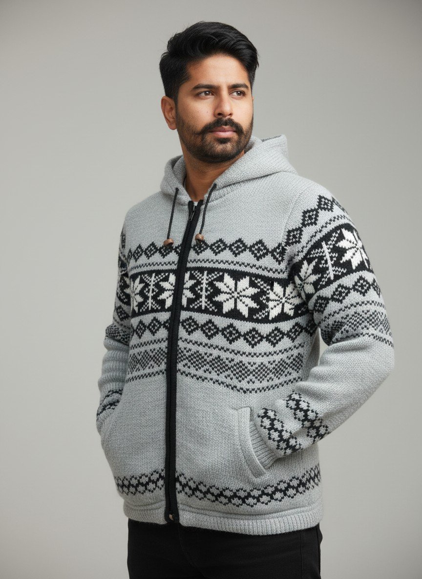 Heavy Knit Hoodie Sweater – Warm Nordic Pattern Winter Sweater in comfy style by Himalayankraft- White 2 Heavy Knit Hoodie Sweater – Warm Nordic Pattern Winter Sweater in comfy style by Himalayankraft- White 2