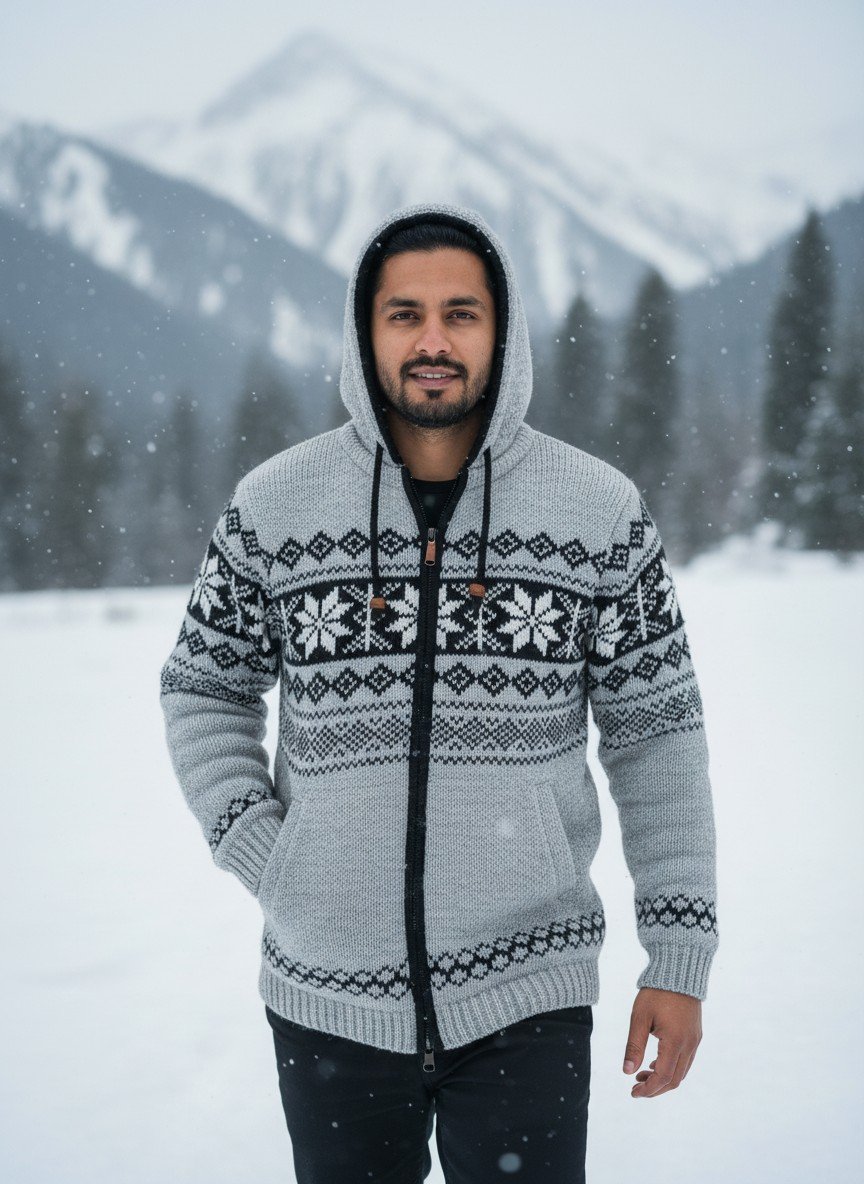 Heavy Knit Hoodie Sweater – Warm Nordic Pattern Winter Sweater in comfy style by Himalayankraft- White 3 Heavy Knit Hoodie Sweater – Warm Nordic Pattern Winter Sweater in comfy style by Himalayankraft- White 2
