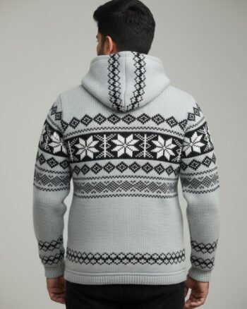 Heavy Knit Hoodie Sweater – Warm Nordic Pattern Winter Sweater in comfy style by Himalayankraft- White 2
