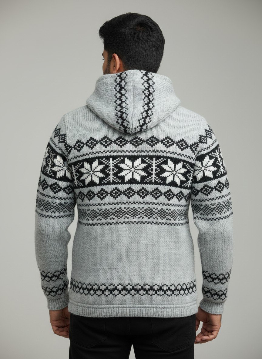 Heavy Knit Hoodie Sweater – Warm Nordic Pattern Winter Sweater in comfy style by Himalayankraft- White Heavy Knit Hoodie Sweater – Warm Nordic Pattern Winter Sweater in comfy style by Himalayankraft- White 2